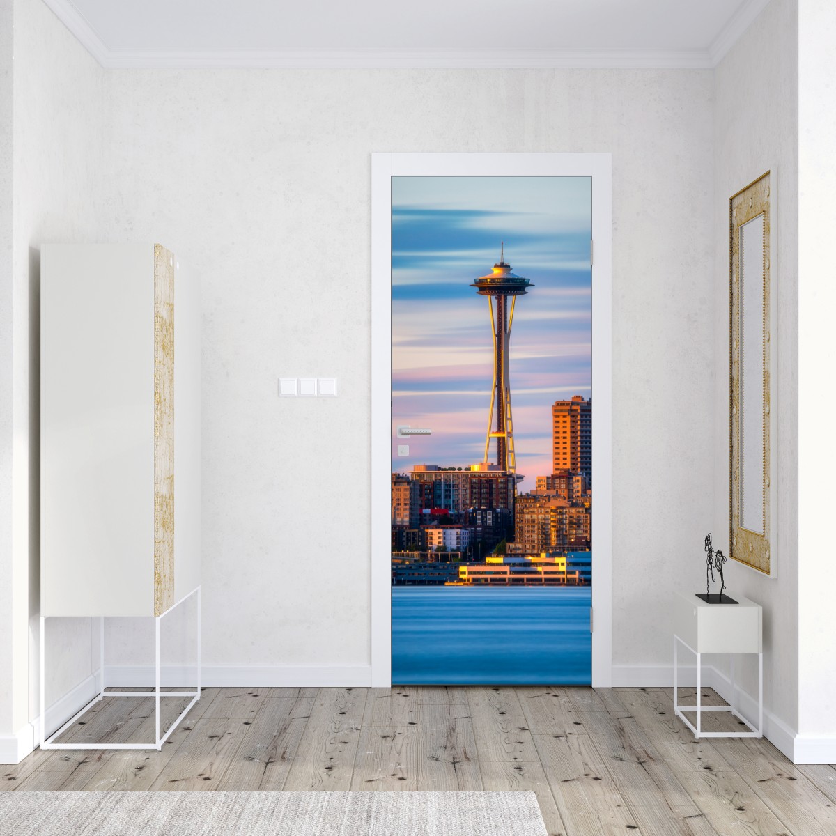 Naklejka na drzwi panorama Seattle ze Space Needle o zachodzie słońca – Wallissimo® Naklejka na drzwi panorama Seattle ze Space Needle o zachodzie słońca – Wallissimo®