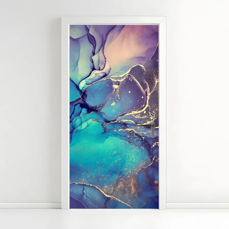 Naklejka na drzwi turkusowo-złota płynna marmurkowa abstrakcja