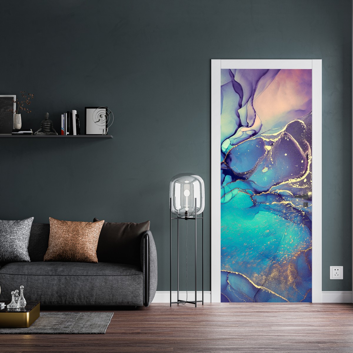 Naklejka na drzwi turkusowo-złota płynna marmurkowa abstrakcja – Wallissimo® Naklejka na drzwi turkusowo-złota płynna marmurkowa abstrakcja – Wallissimo®
