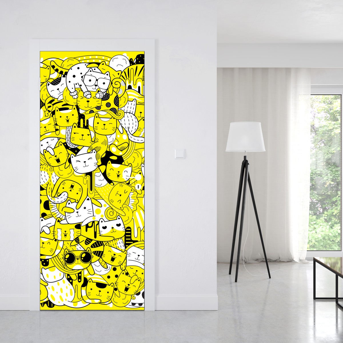 Naklejka na drzwi zabawna żółta mozaika kotów – Wallissimo® Naklejka na drzwi zabawna żółta mozaika kotów – Wallissimo®