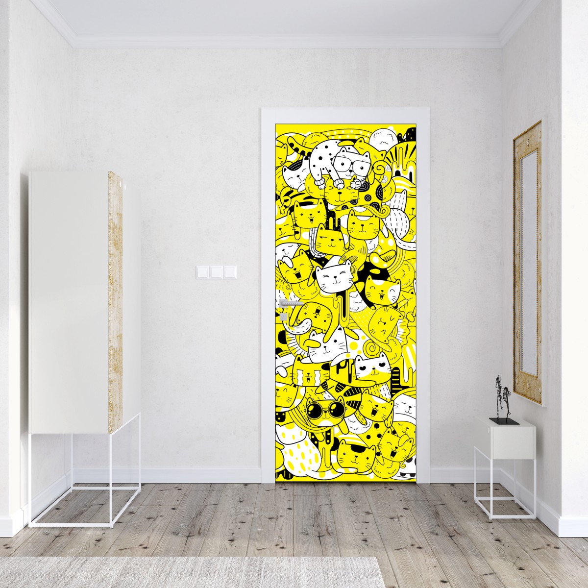 Naklejka na drzwi zabawna żółta mozaika kotów – Wallissimo® Naklejka na drzwi zabawna żółta mozaika kotów – Wallissimo®