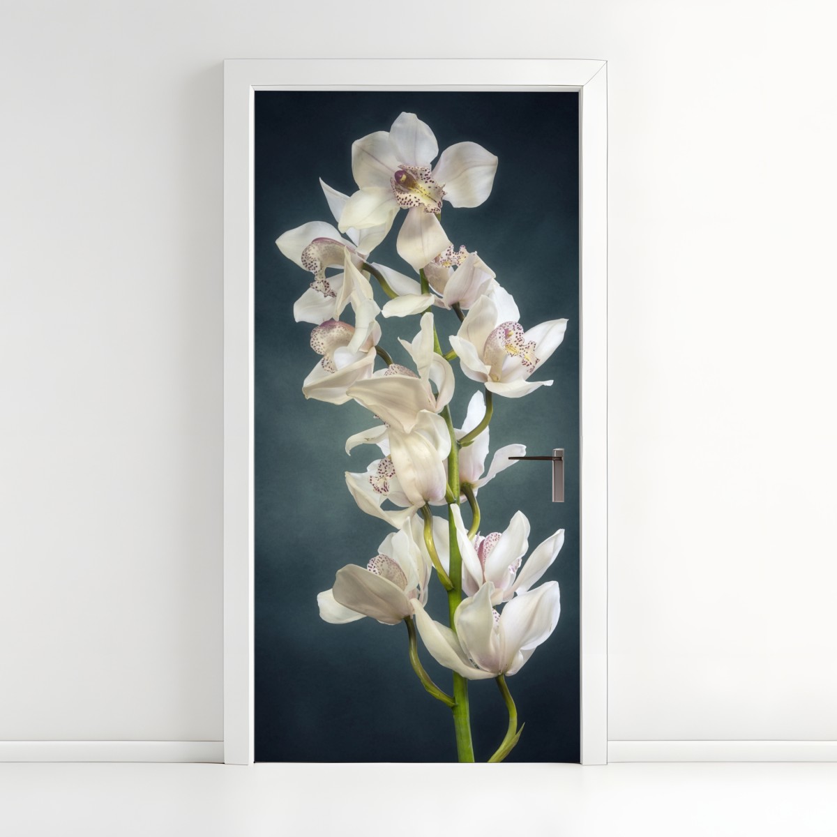 Door sticker delicate white orchids on teal background – Wallissimo®