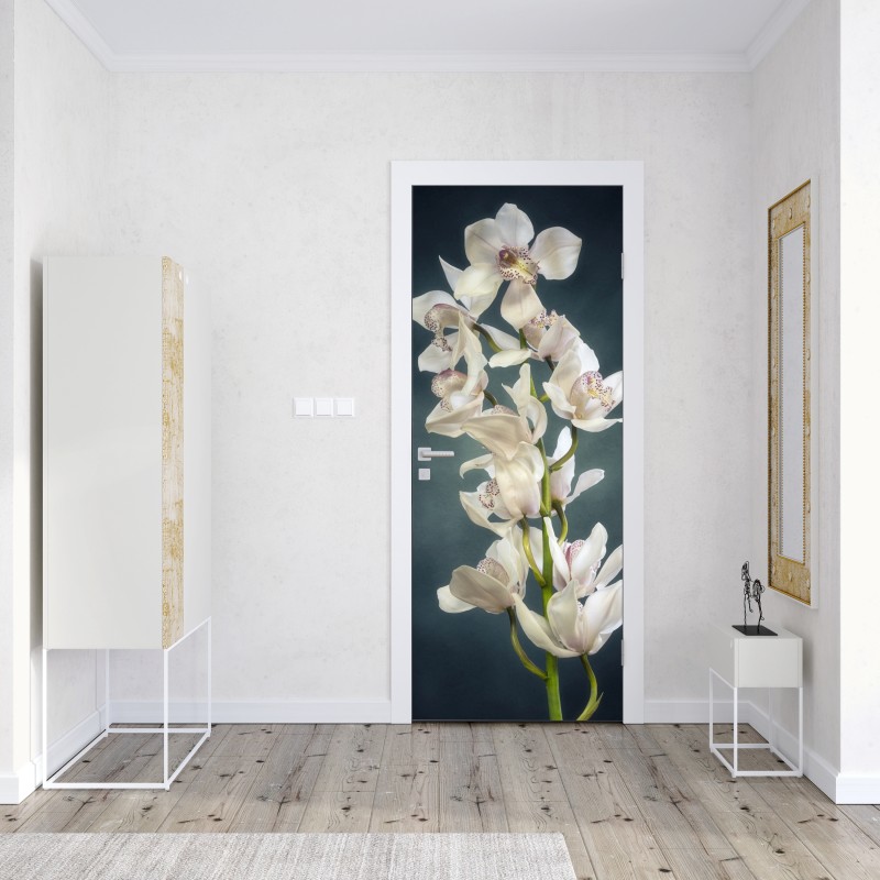 Naklejka na drzwi delikatne białe storczyki na stonowanym tle – Wallissimo® Naklejka na drzwi delikatne białe storczyki na stonowanym tle – Wallissimo®