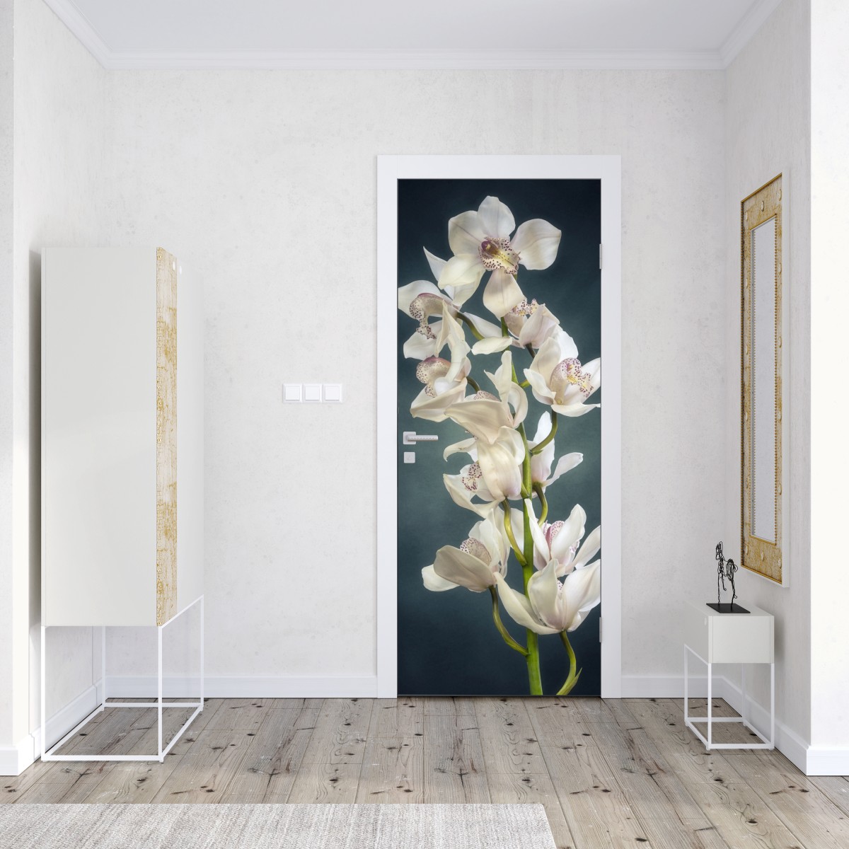 Naklejka na drzwi delikatne białe storczyki na stonowanym tle – Wallissimo® Naklejka na drzwi delikatne białe storczyki na stonowanym tle – Wallissimo®