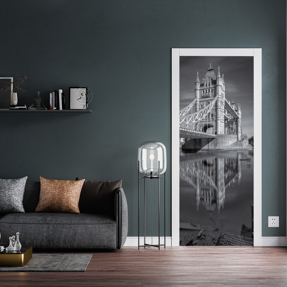 Naklejka na drzwi Tower Bridge odbicie w odcieniach szarości – Wallissimo® Naklejka na drzwi Tower Bridge odbicie w odcieniach szarości – Wallissimo®