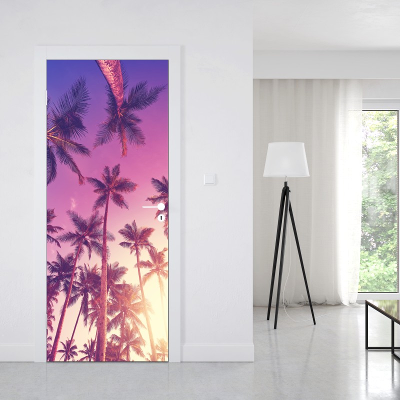 Naklejka na drzwi tropikalne palmy o zachodzie słońca – Wallissimo® Naklejka na drzwi tropikalne palmy o zachodzie słońca – Wallissimo®