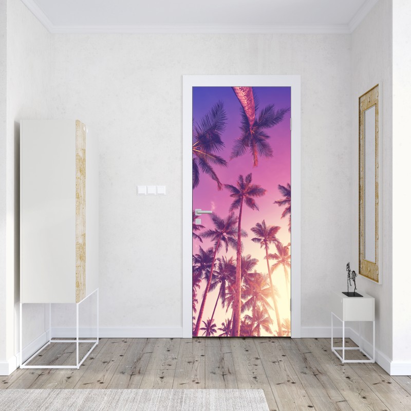 Naklejka na drzwi tropikalne palmy o zachodzie słońca – Wallissimo® Naklejka na drzwi tropikalne palmy o zachodzie słońca – Wallissimo®