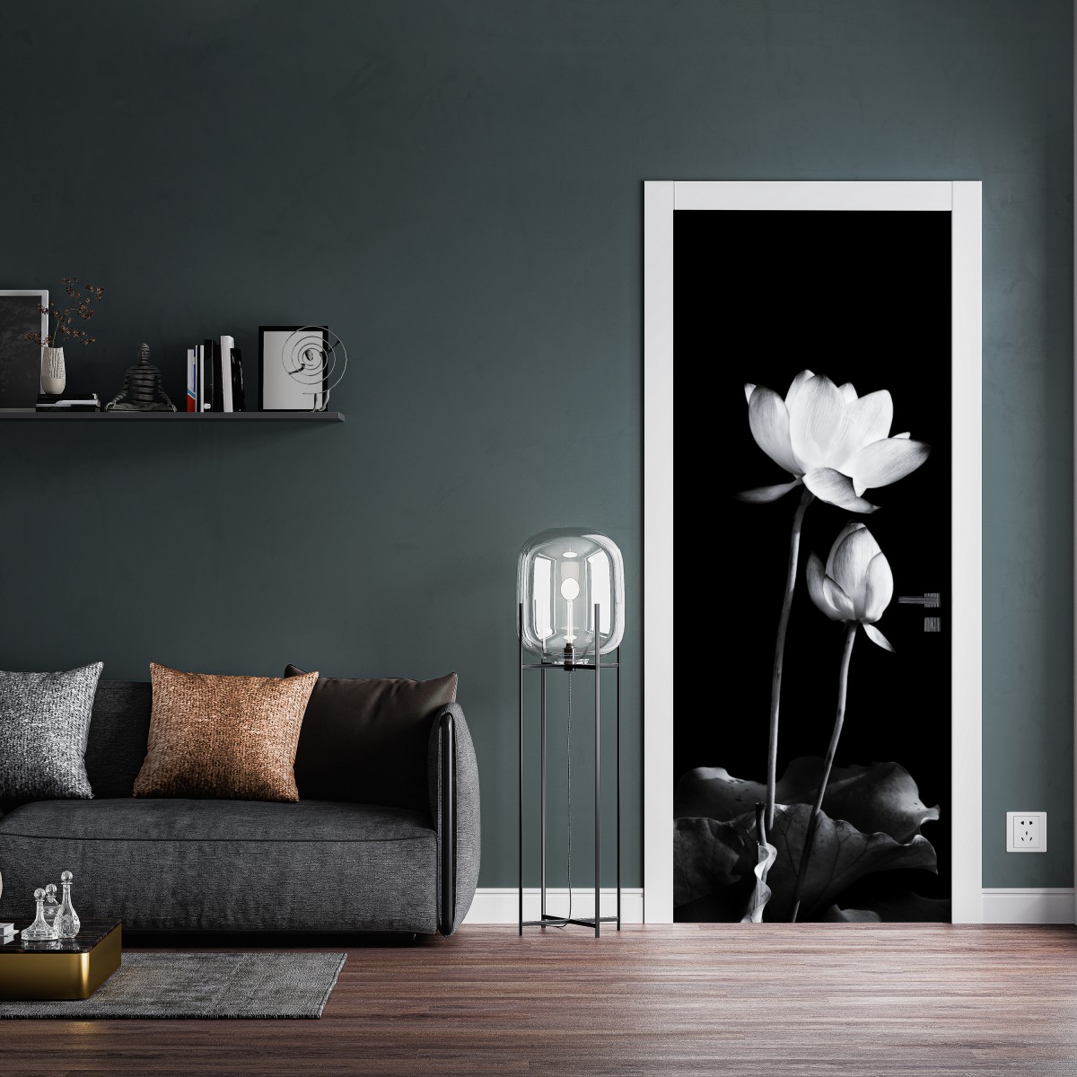 Naklejka na drzwi biały lotos w monochromie – Wallissimo® Naklejka na drzwi biały lotos w monochromie – Wallissimo®