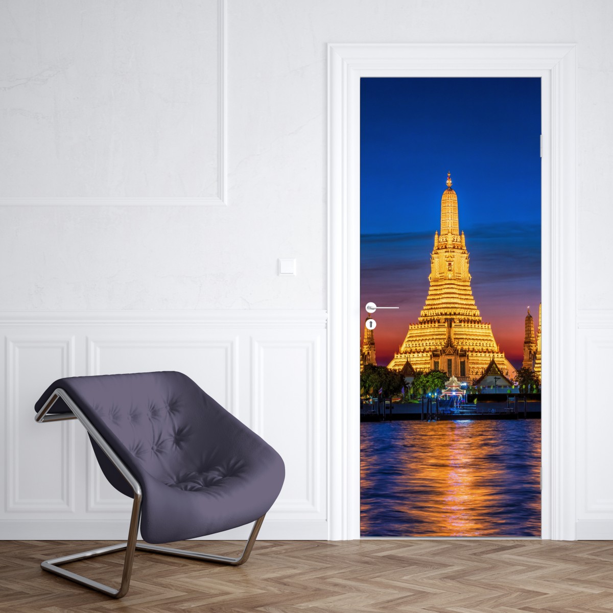 Naklejka na drzwi złote Wat Arun o zmierzchu – Wallissimo® Naklejka na drzwi złote Wat Arun o zmierzchu – Wallissimo®