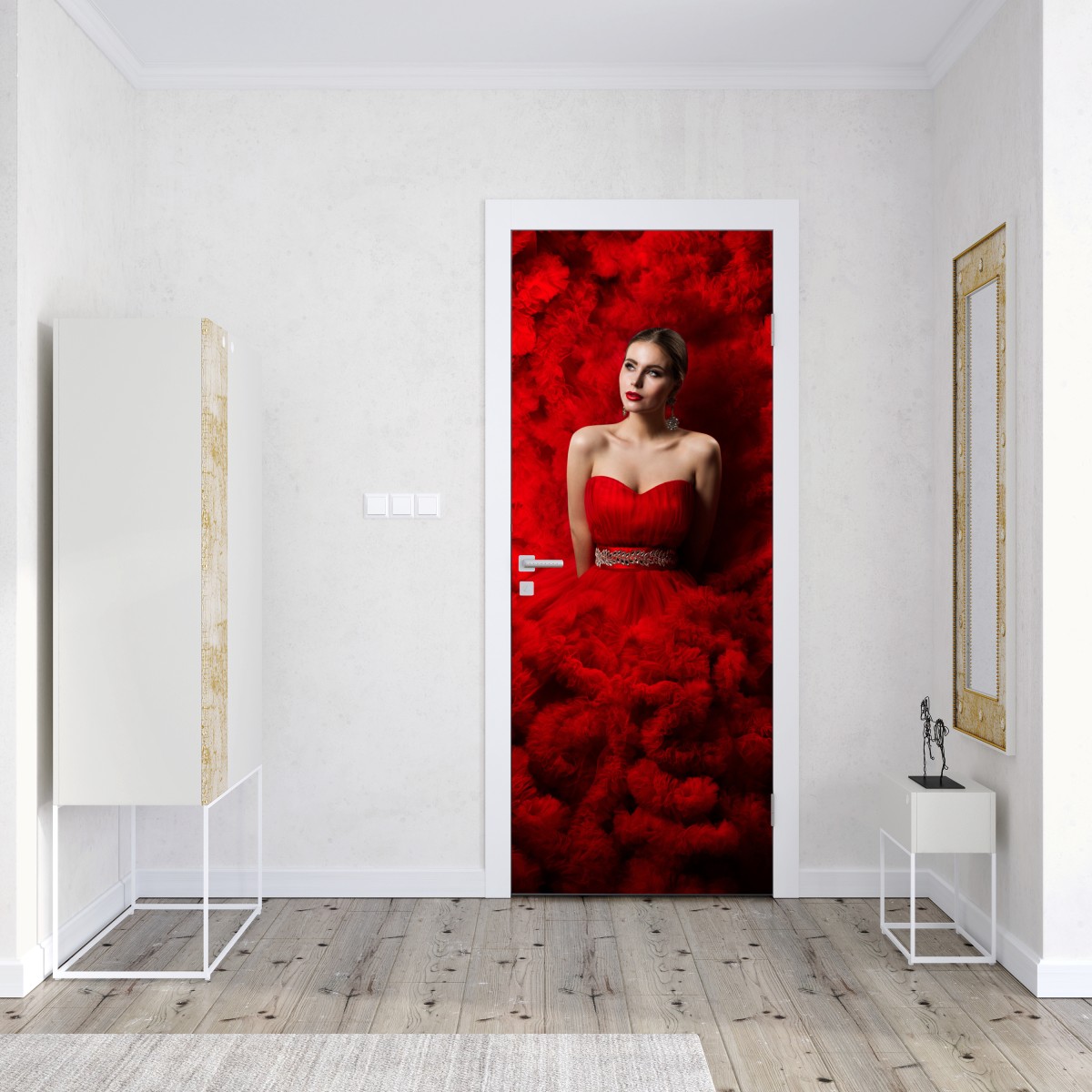 Naklejka na drzwi elegancki portret w czerwonej sukni – Wallissimo® Naklejka na drzwi elegancki portret w czerwonej sukni – Wallissimo®