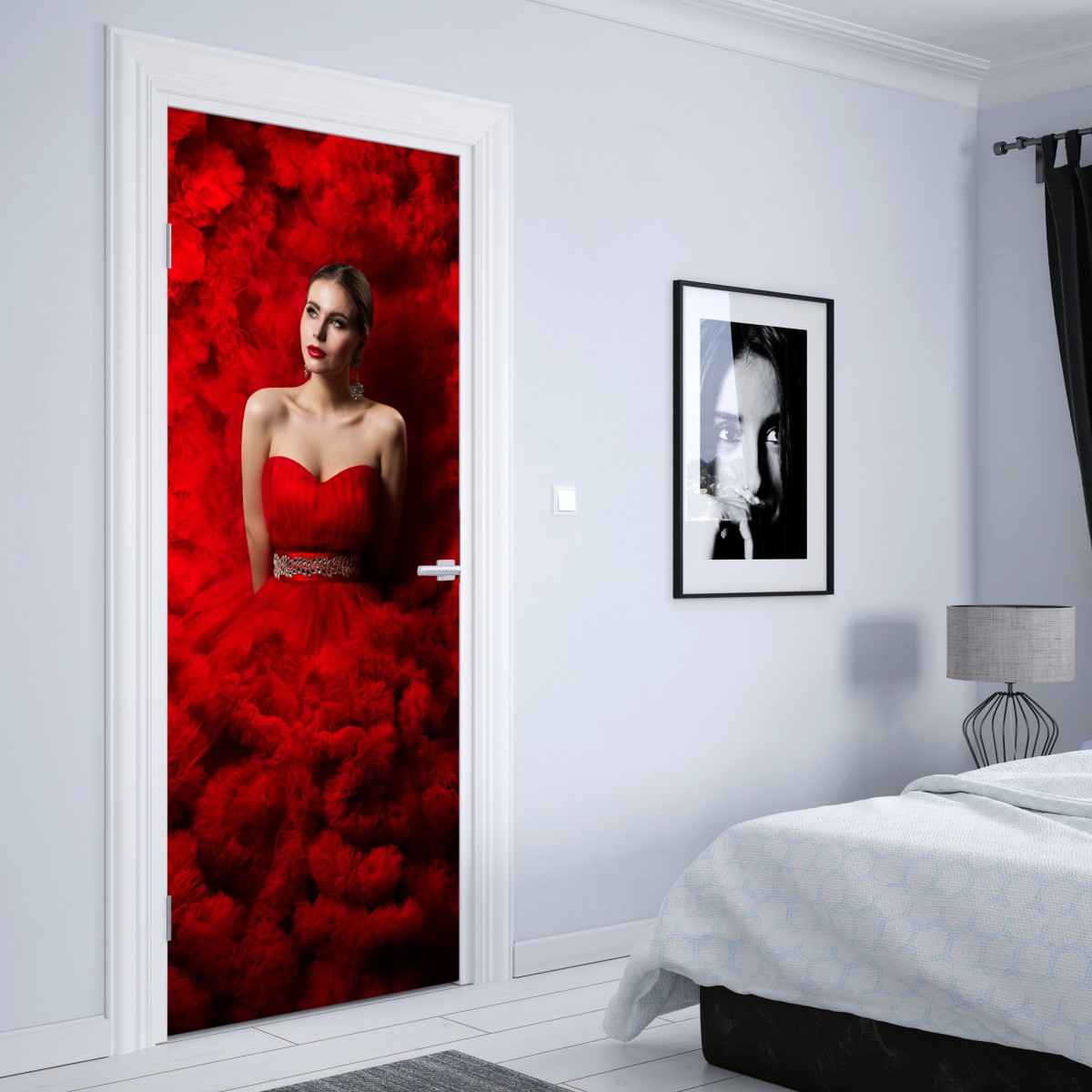 Naklejka na drzwi elegancki portret w czerwonej sukni – Wallissimo® Naklejka na drzwi elegancki portret w czerwonej sukni – Wallissimo®