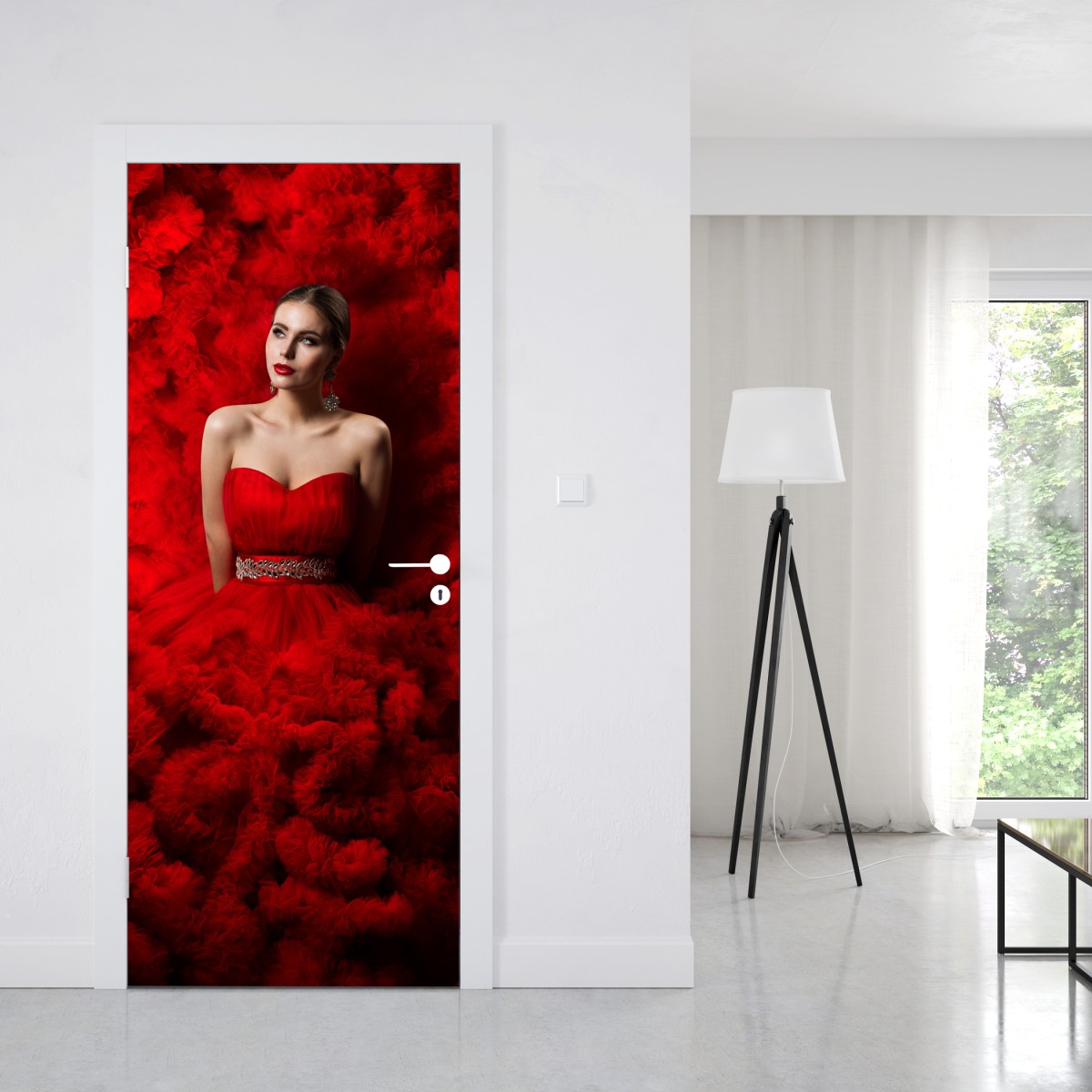 Naklejka na drzwi elegancki portret w czerwonej sukni – Wallissimo® Naklejka na drzwi elegancki portret w czerwonej sukni – Wallissimo®