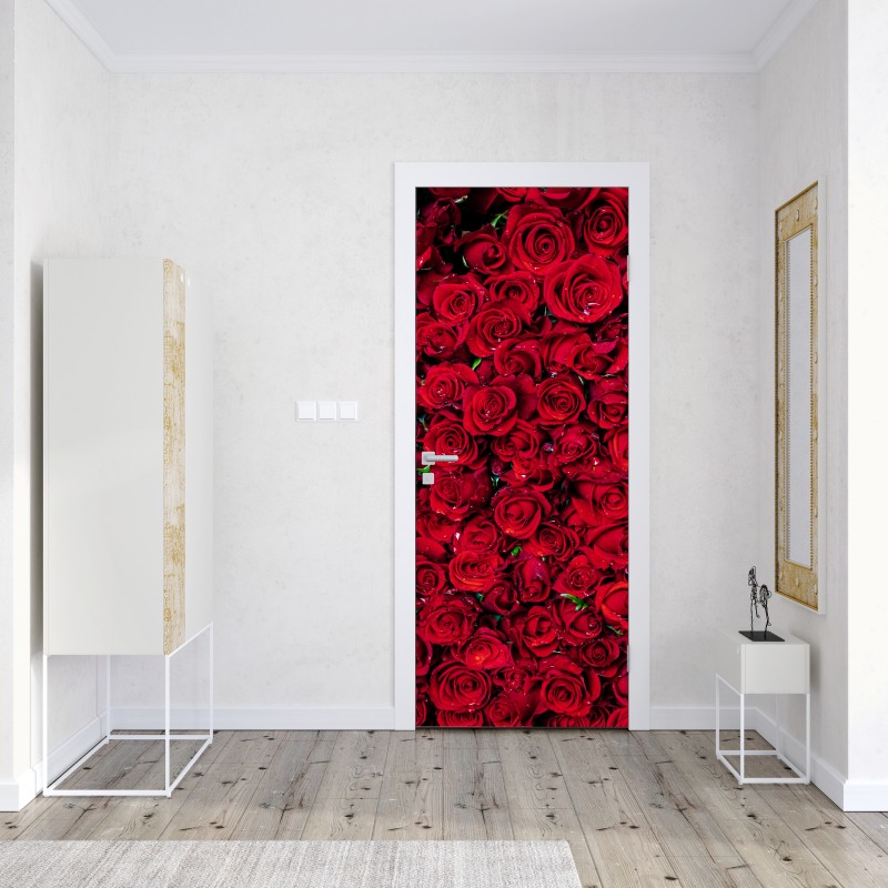 Naklejka na drzwi gęsta ściana czerwonych róż – Wallissimo® Naklejka na drzwi gęsta ściana czerwonych róż – Wallissimo®