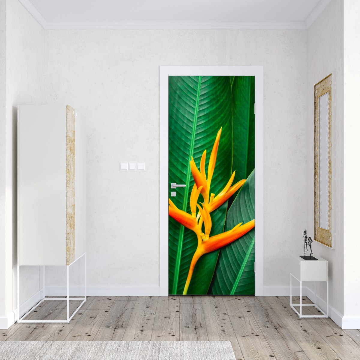 Naklejka na drzwi żywa heliconia na zielonych liściach – Wallissimo® Naklejka na drzwi żywa heliconia na zielonych liściach – Wallissimo®