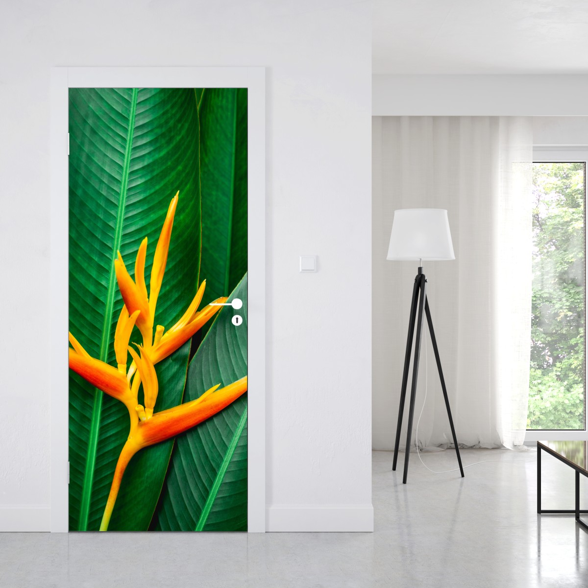 Naklejka na drzwi żywa heliconia na zielonych liściach – Wallissimo® Naklejka na drzwi żywa heliconia na zielonych liściach – Wallissimo®