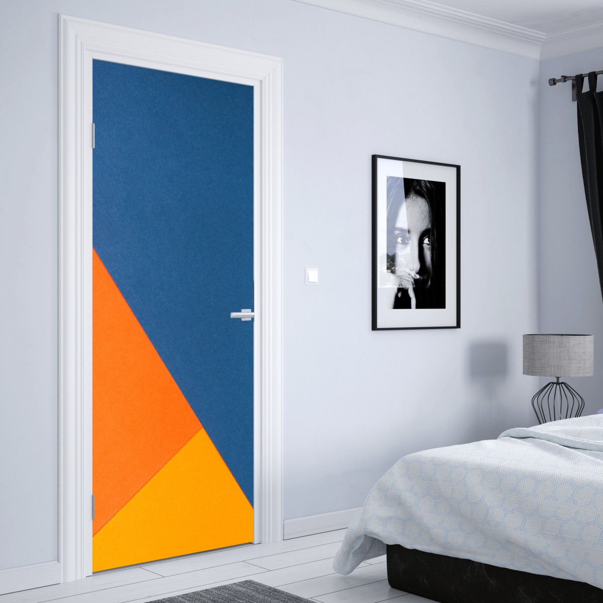 Naklejka na drzwi odważna kompozycja geometryczna w niebieskim i pomarańczowym – Wallissimo® Naklejka na drzwi odważna kompozycja geometryczna w niebieskim i pomarańczowym – Wallissimo®
