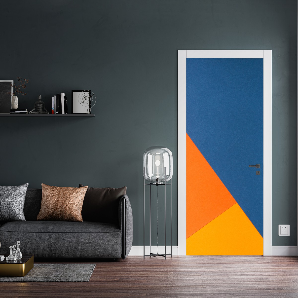 Naklejka na drzwi odważna kompozycja geometryczna w niebieskim i pomarańczowym – Wallissimo® Naklejka na drzwi odważna kompozycja geometryczna w niebieskim i pomarańczowym – Wallissimo®