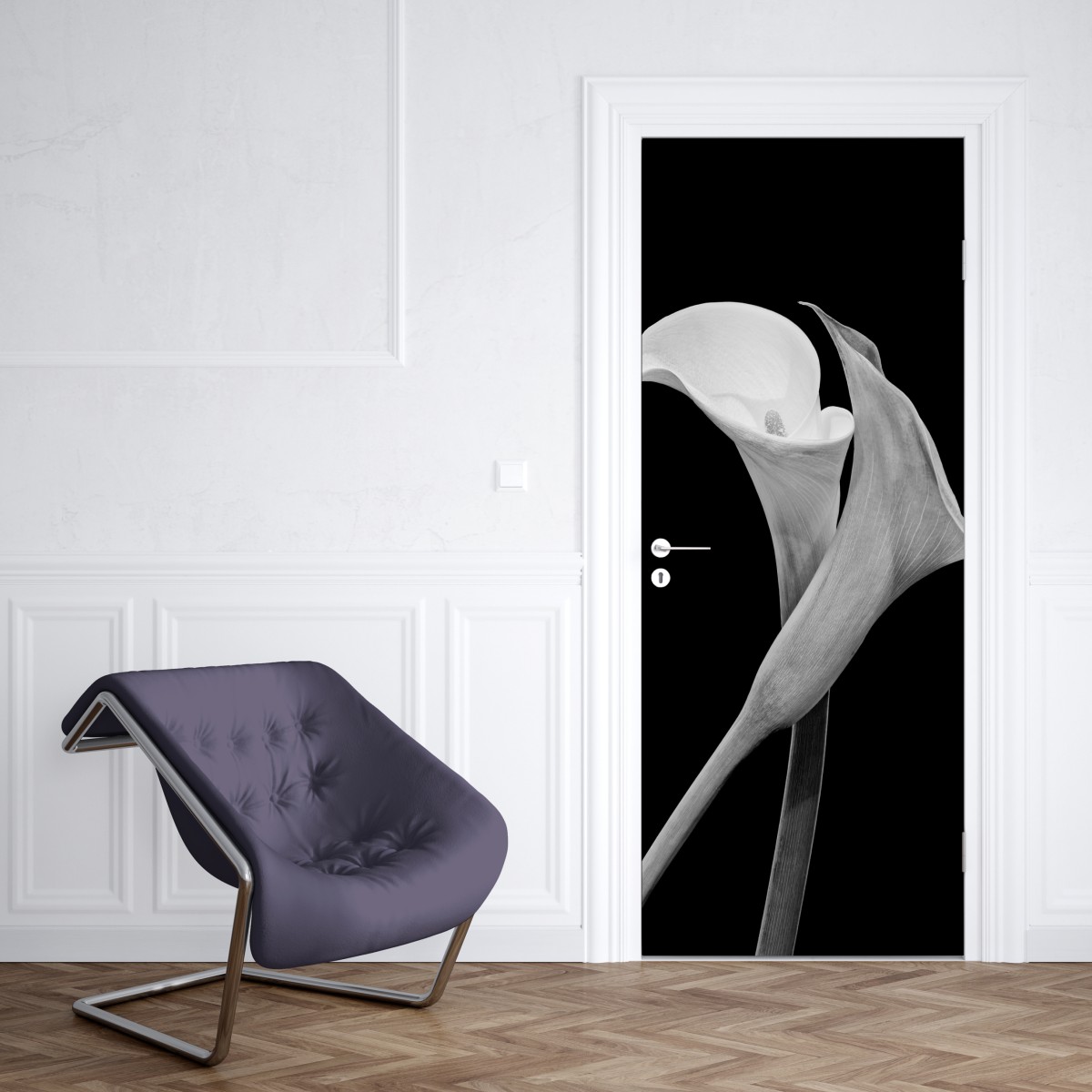 Naklejka na drzwi eleganckie kalie w monochromie – Wallissimo® Naklejka na drzwi eleganckie kalie w monochromie – Wallissimo®