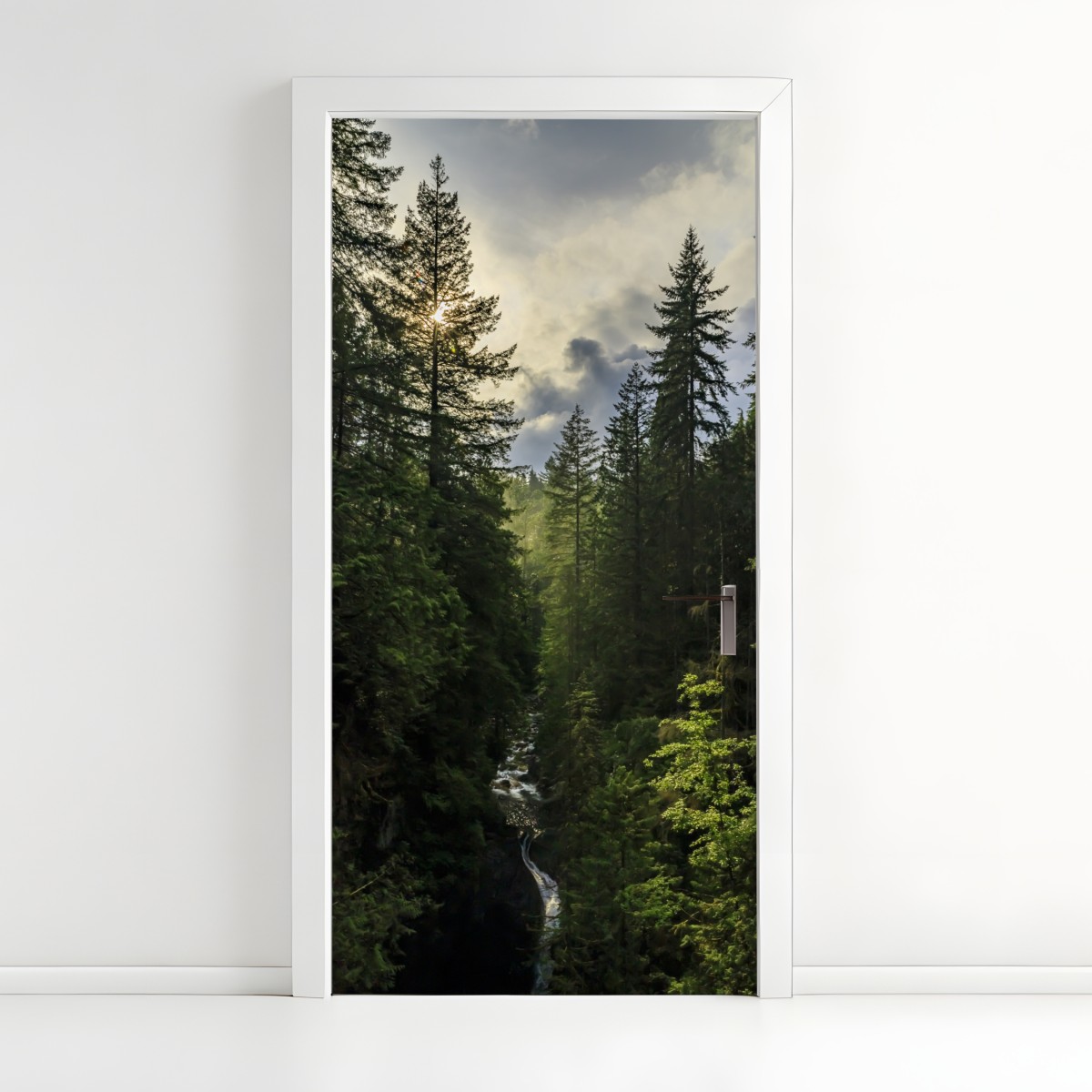 Door sticker misty evergreen forest waterfall – Wallissimo®
