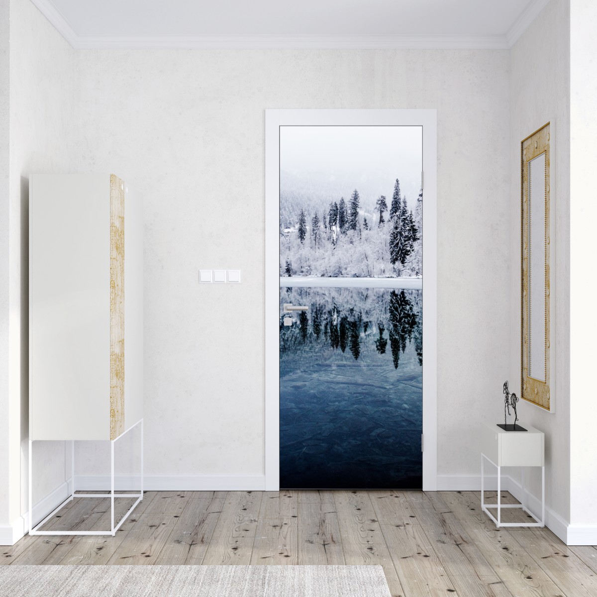 Naklejka na drzwi zimowe jezioro z odbiciem w śnieżnym lesie – Wallissimo® Naklejka na drzwi zimowe jezioro z odbiciem w śnieżnym lesie – Wallissimo®