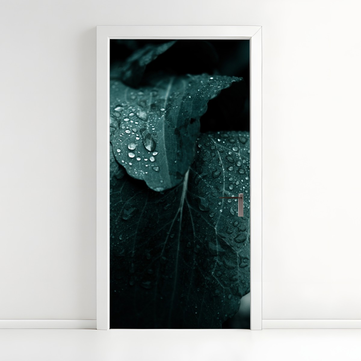 Door sticker teal dewdrops on leaves – Wallissimo®