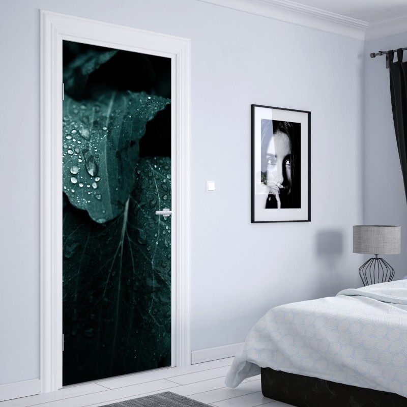 Naklejka na drzwi krople rosy na liściach – Wallissimo® Naklejka na drzwi krople rosy na liściach – Wallissimo®