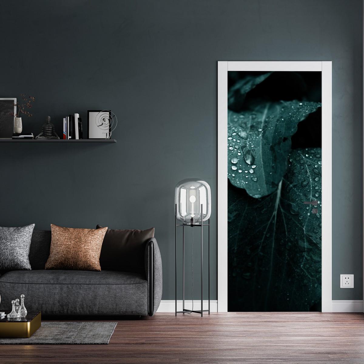 Naklejka na drzwi krople rosy na liściach – Wallissimo® Naklejka na drzwi krople rosy na liściach – Wallissimo®