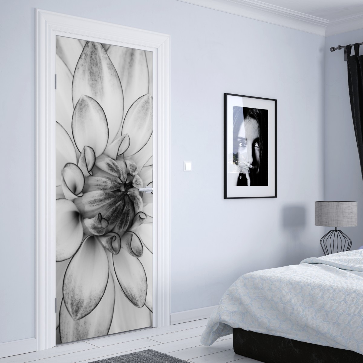 Naklejka na drzwi monochromatyczne zbliżenie dalii – Wallissimo® Naklejka na drzwi monochromatyczne zbliżenie dalii – Wallissimo®
