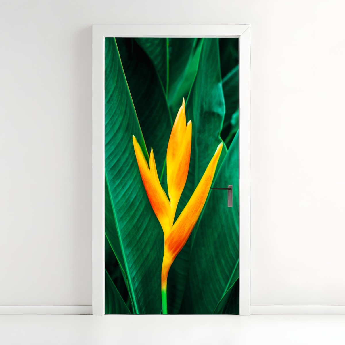 Door sticker vibrant tropical heliconia against lush leaves – Wallissimo®