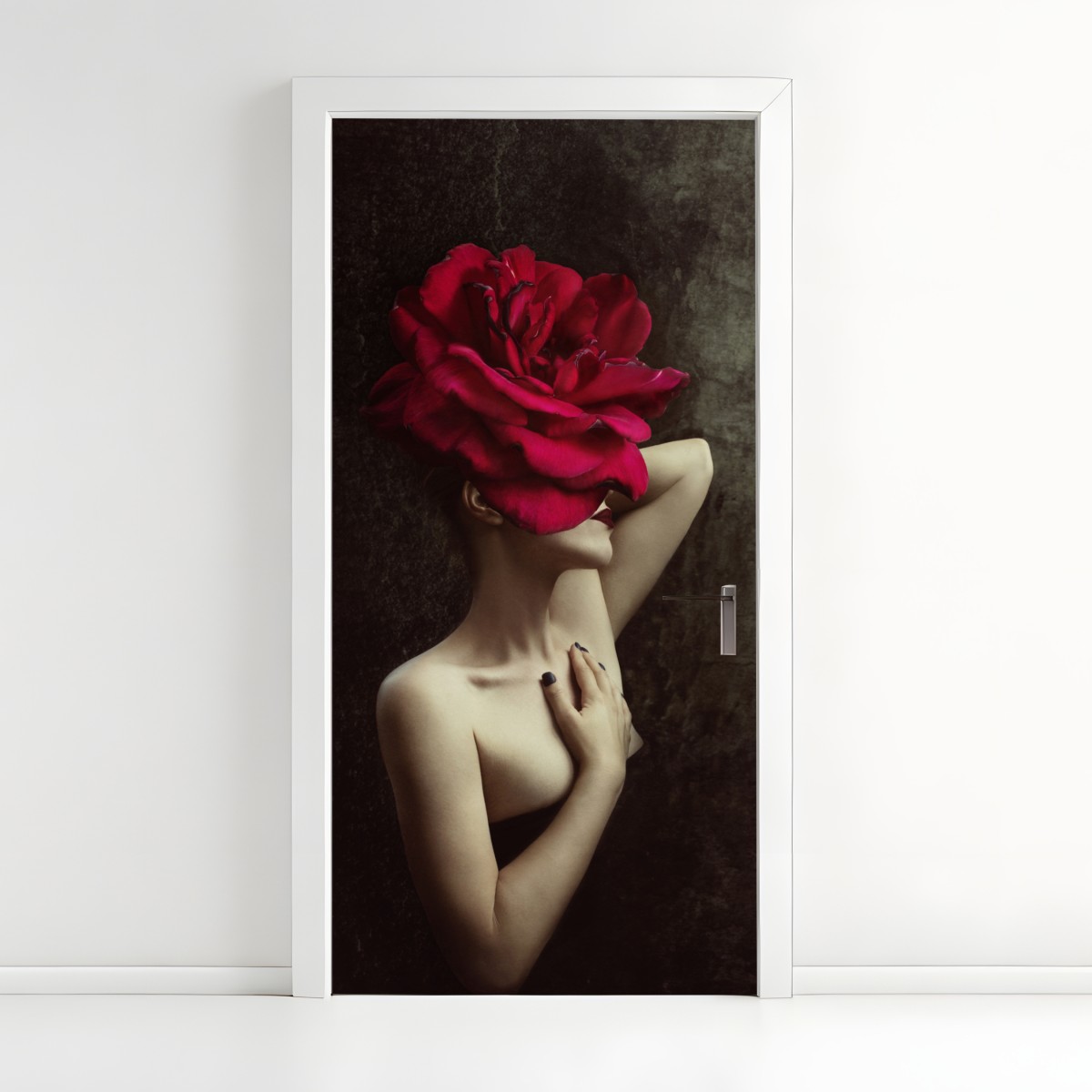 Door sticker woman with a rose head surreal floral portrait – Wallissimo®