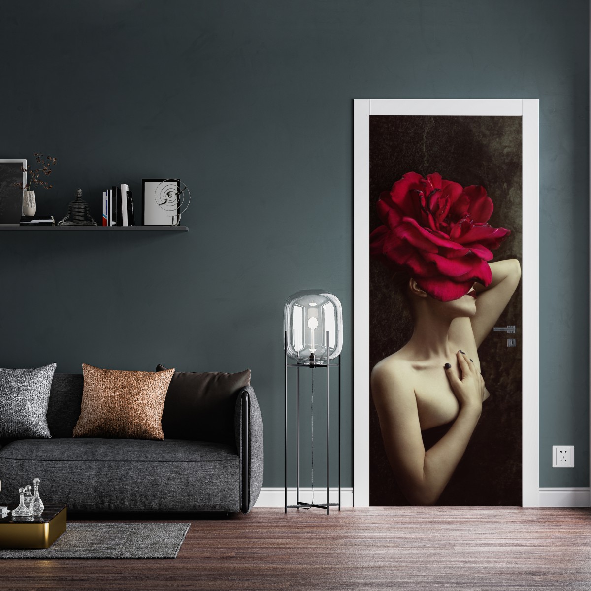 Naklejka na drzwi kobieta z głową z róży surrealistyczny portret – Wallissimo® Naklejka na drzwi kobieta z głową z róży surrealistyczny portret – Wallissimo®