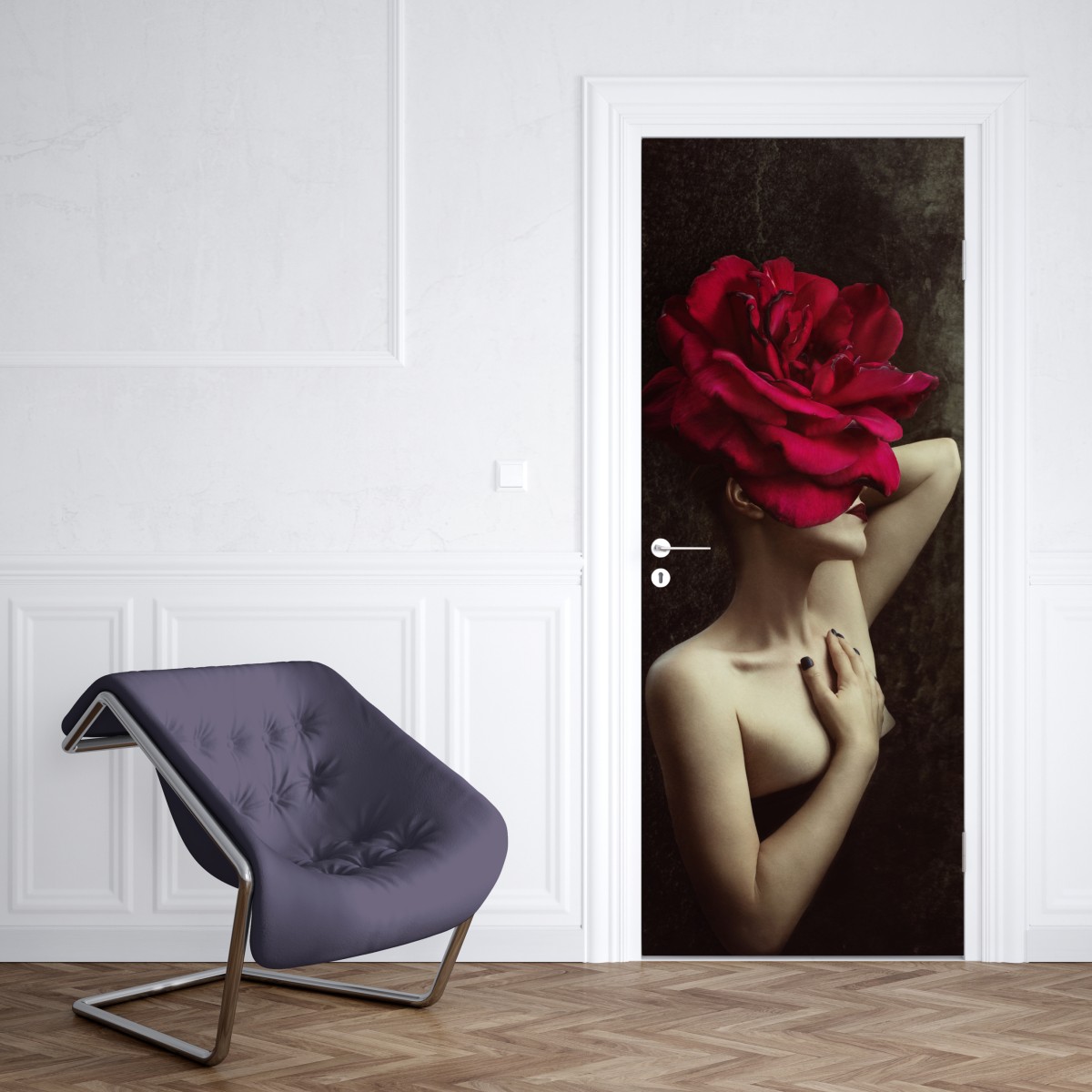 Naklejka na drzwi kobieta z głową z róży surrealistyczny portret – Wallissimo® Naklejka na drzwi kobieta z głową z róży surrealistyczny portret – Wallissimo®