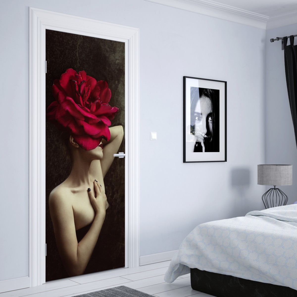 Naklejka na drzwi kobieta z głową z róży surrealistyczny portret – Wallissimo® Naklejka na drzwi kobieta z głową z róży surrealistyczny portret – Wallissimo®