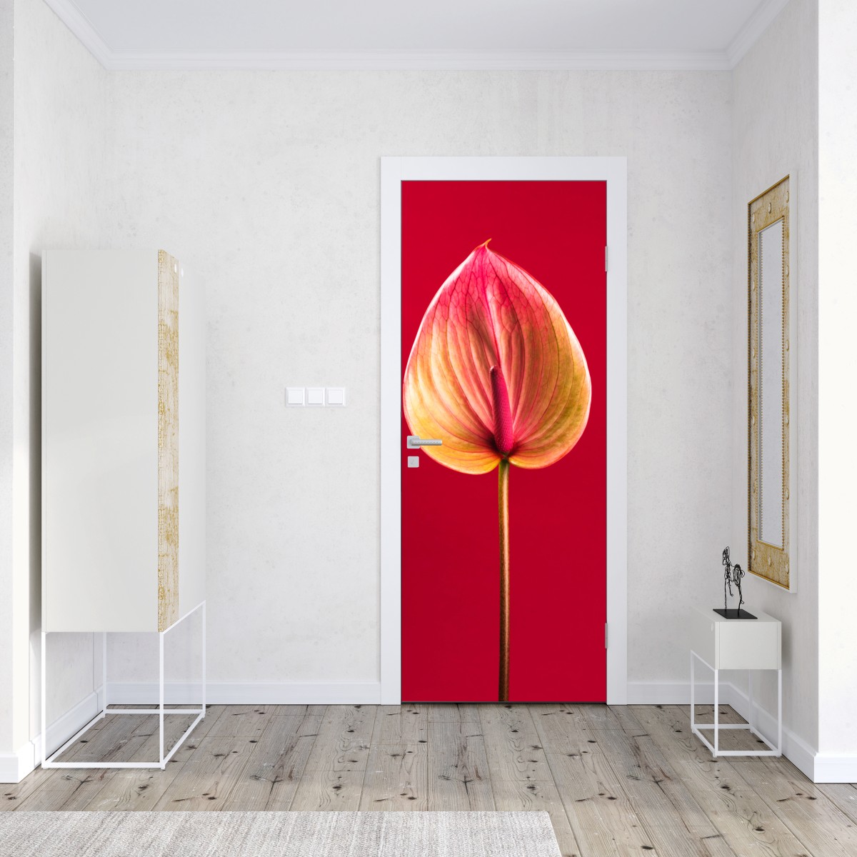 Naklejka na drzwi eleganckie anturium na czerwonym tle – Wallissimo® Naklejka na drzwi eleganckie anturium na czerwonym tle – Wallissimo®