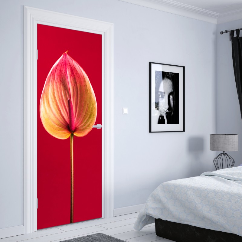 Naklejka na drzwi eleganckie anturium na czerwonym tle – Wallissimo® Naklejka na drzwi eleganckie anturium na czerwonym tle – Wallissimo®