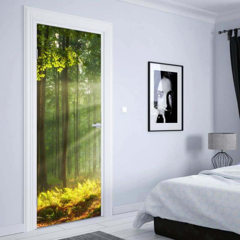 Naklejka na drzwi poranne światło w lesie – Wallissimo® Naklejka na drzwi poranne światło w lesie – Wallissimo®