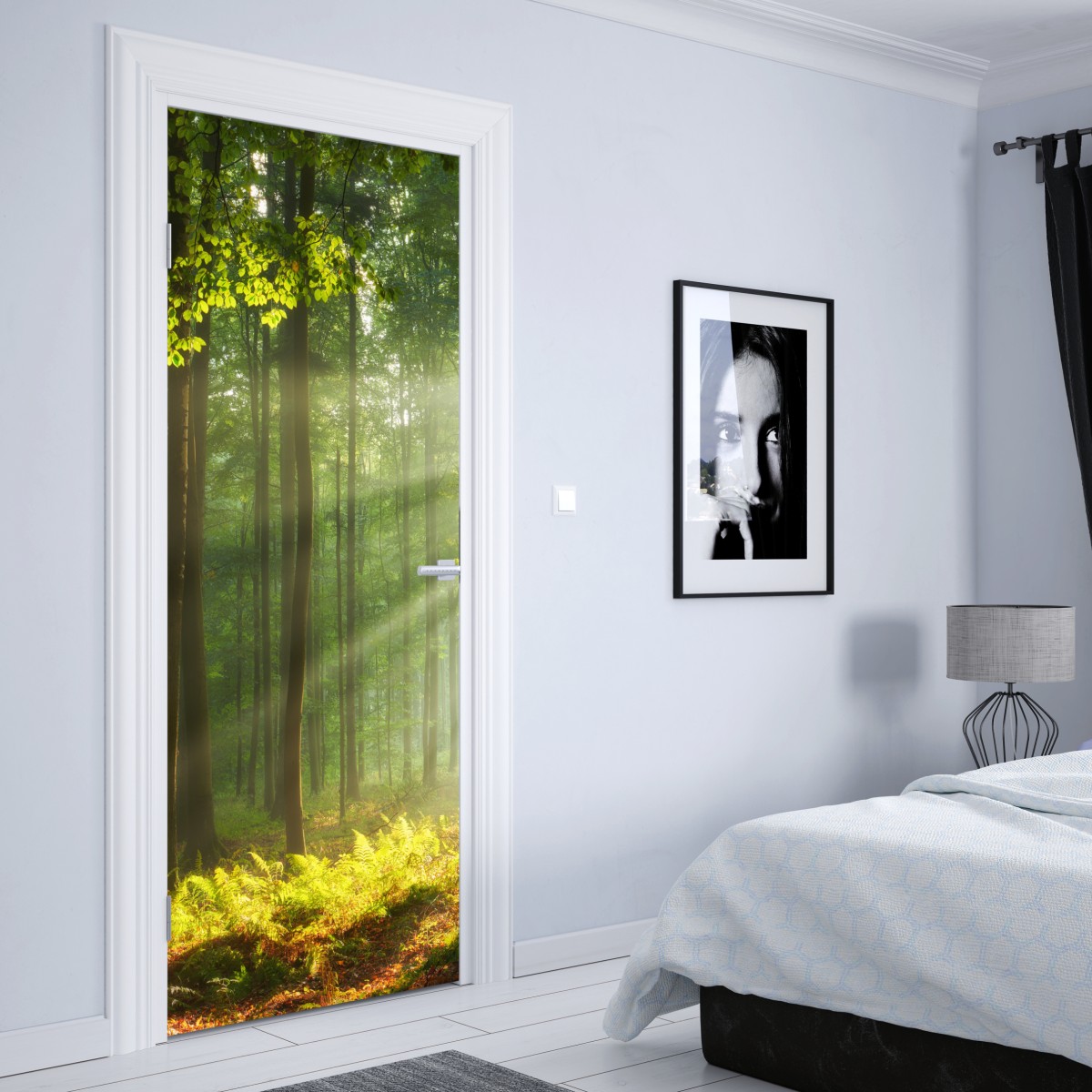 Naklejka na drzwi poranne światło w lesie – Wallissimo® Naklejka na drzwi poranne światło w lesie – Wallissimo®
