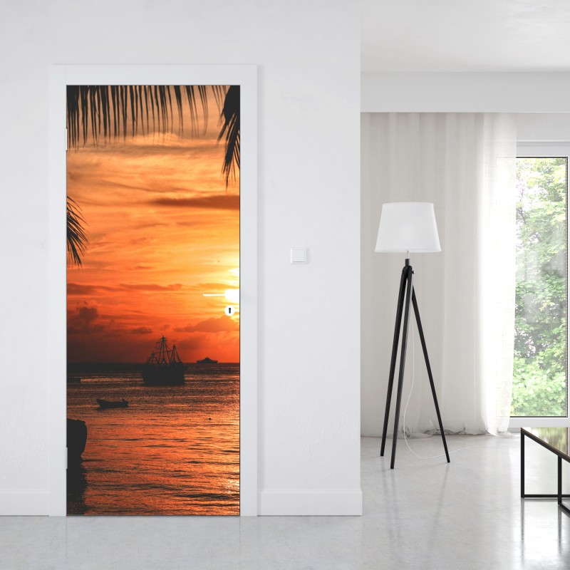 Naklejka na drzwi tropikalny zachód słońca nad morzem – Wallissimo® Naklejka na drzwi tropikalny zachód słońca nad morzem – Wallissimo®