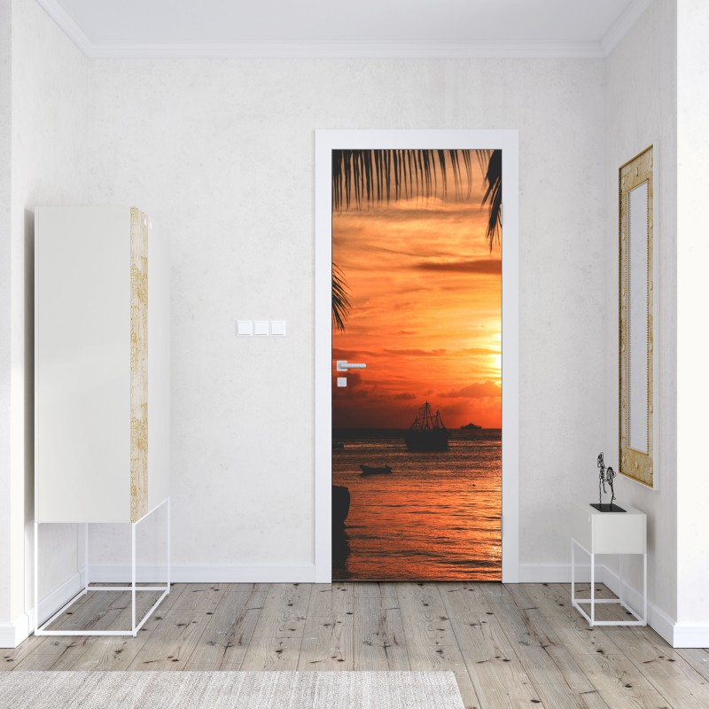 Naklejka na drzwi tropikalny zachód słońca nad morzem – Wallissimo® Naklejka na drzwi tropikalny zachód słońca nad morzem – Wallissimo®