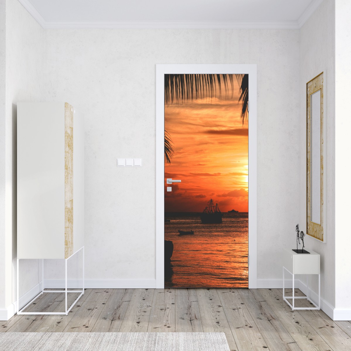 Naklejka na drzwi tropikalny zachód słońca nad morzem – Wallissimo® Naklejka na drzwi tropikalny zachód słońca nad morzem – Wallissimo®