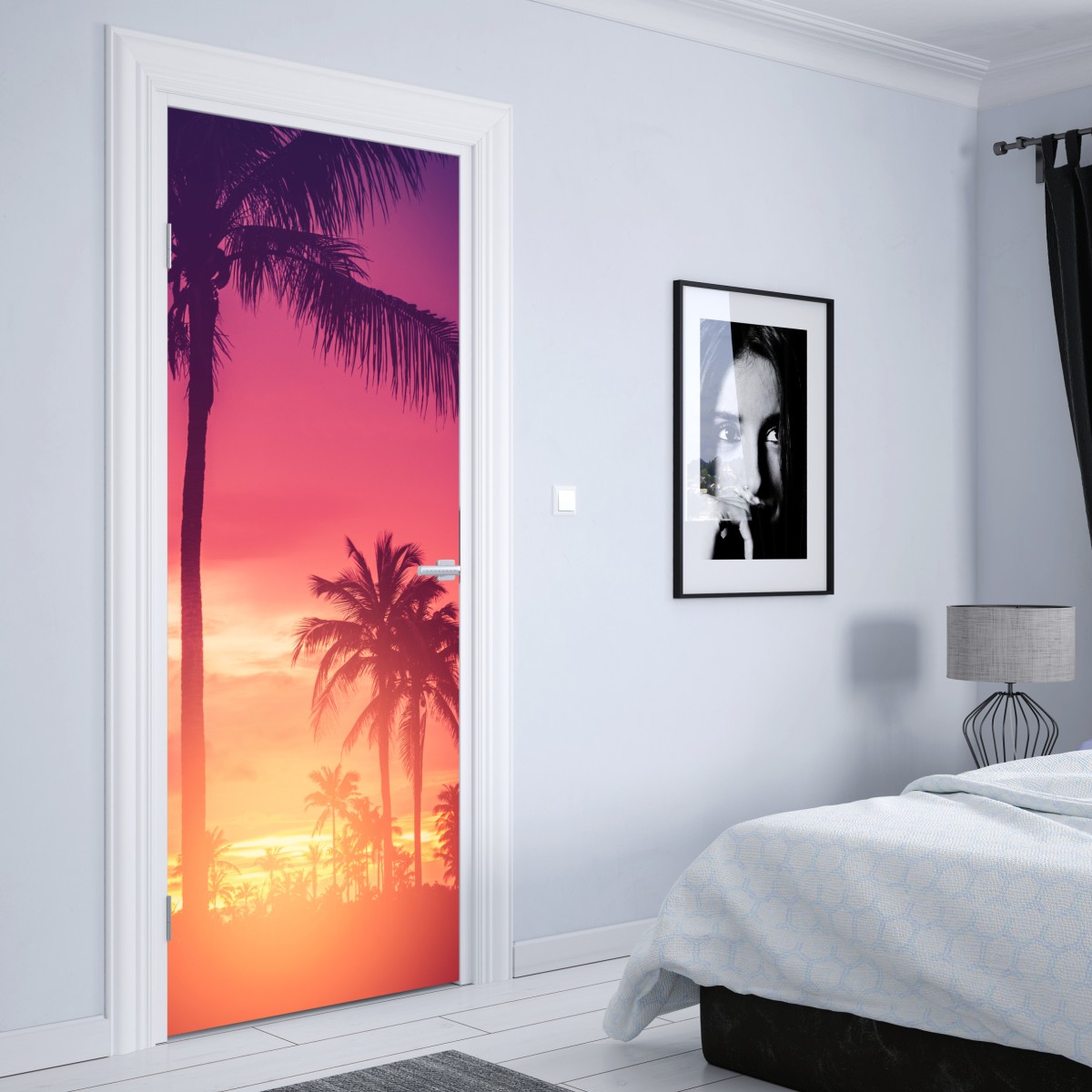 Naklejka na drzwi tropikalny zachód słońca z palmami – Wallissimo® Naklejka na drzwi tropikalny zachód słońca z palmami – Wallissimo®