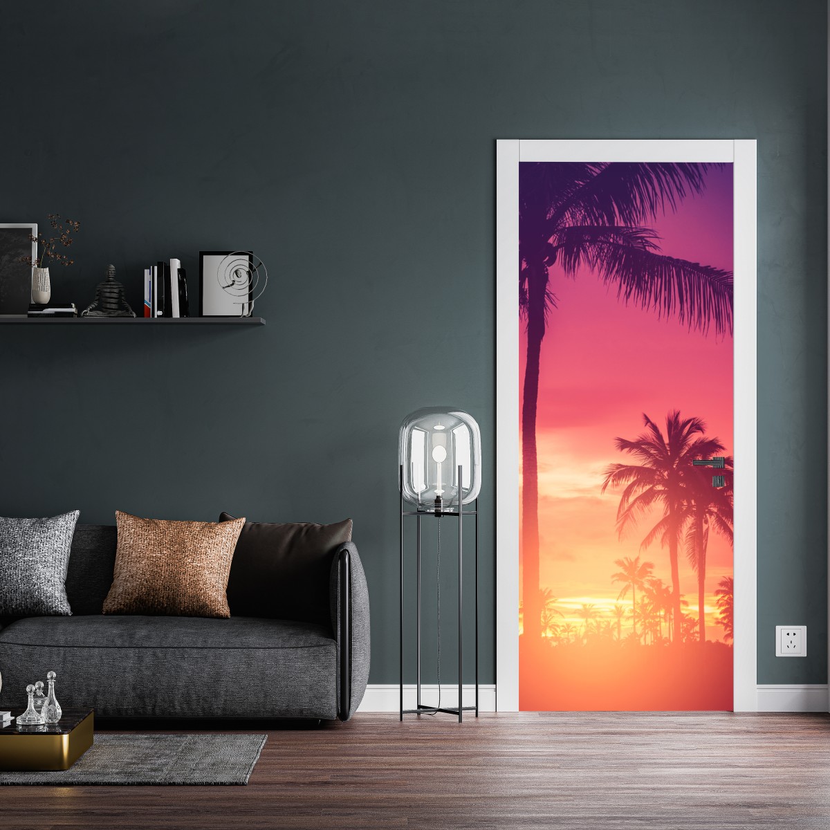 Naklejka na drzwi tropikalny zachód słońca z palmami – Wallissimo® Naklejka na drzwi tropikalny zachód słońca z palmami – Wallissimo®