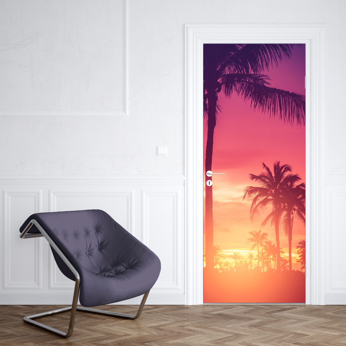 Naklejka na drzwi tropikalny zachód słońca z palmami – Wallissimo® Naklejka na drzwi tropikalny zachód słońca z palmami – Wallissimo®