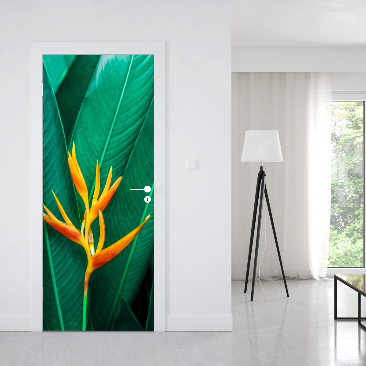 Naklejka na drzwi intensywny tropikalny ptak rajski na zielonych liściach – Wallissimo® Naklejka na drzwi intensywny tropikalny ptak rajski na zielonych liściach – Wallissimo®