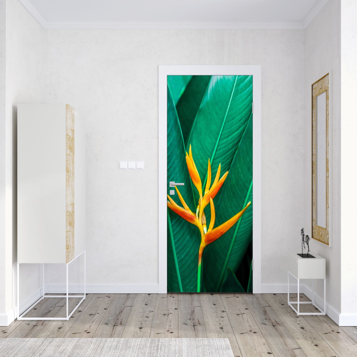 Naklejka na drzwi intensywny tropikalny ptak rajski na zielonych liściach – Wallissimo® Naklejka na drzwi intensywny tropikalny ptak rajski na zielonych liściach – Wallissimo®