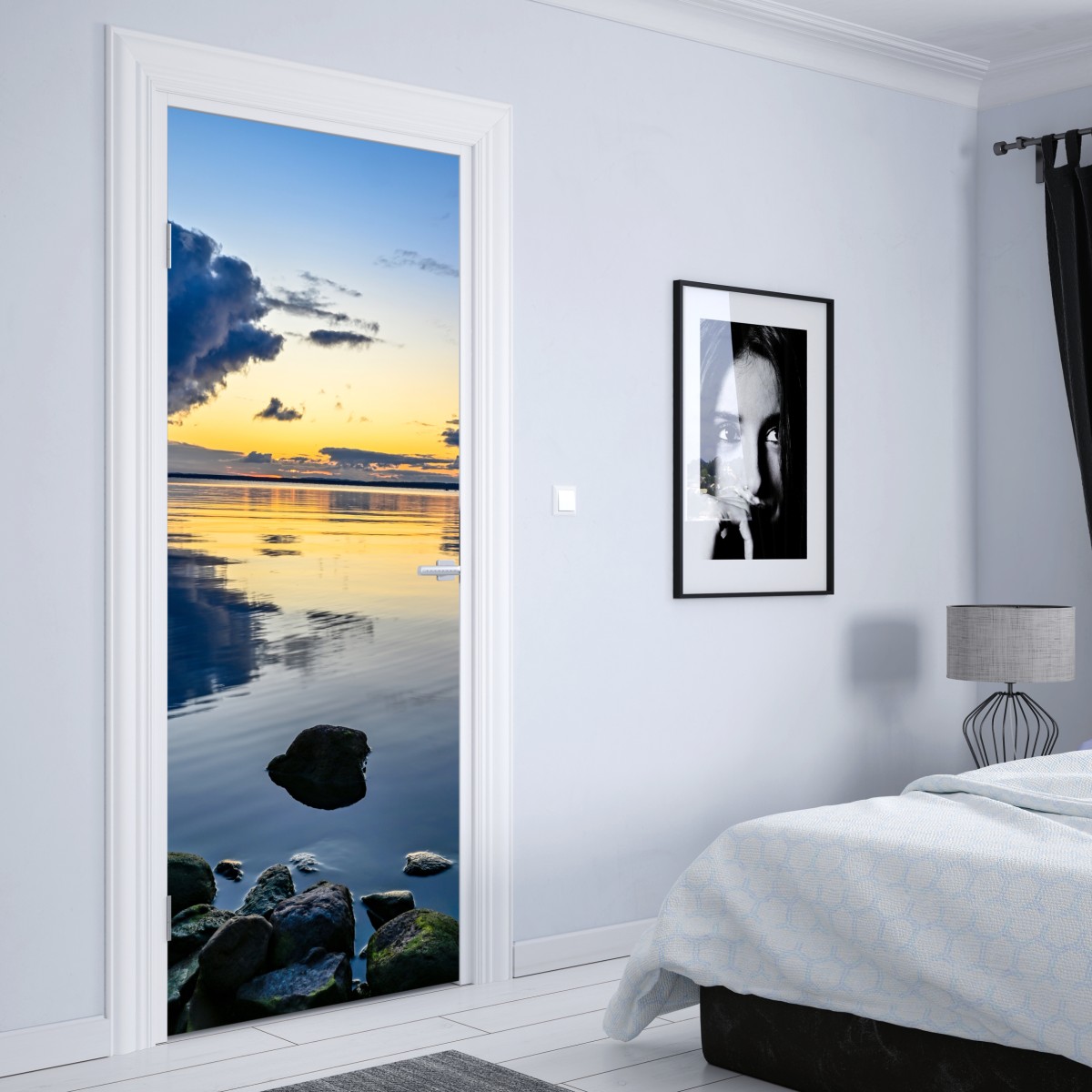 Naklejka na drzwi spokojne nadmorskie odbicie zachodu słońca – Wallissimo® Naklejka na drzwi spokojne nadmorskie odbicie zachodu słońca – Wallissimo®