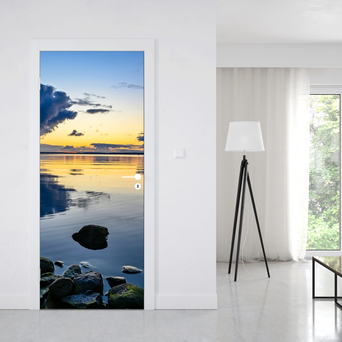 Naklejka na drzwi spokojne nadmorskie odbicie zachodu słońca – Wallissimo® Naklejka na drzwi spokojne nadmorskie odbicie zachodu słońca – Wallissimo®