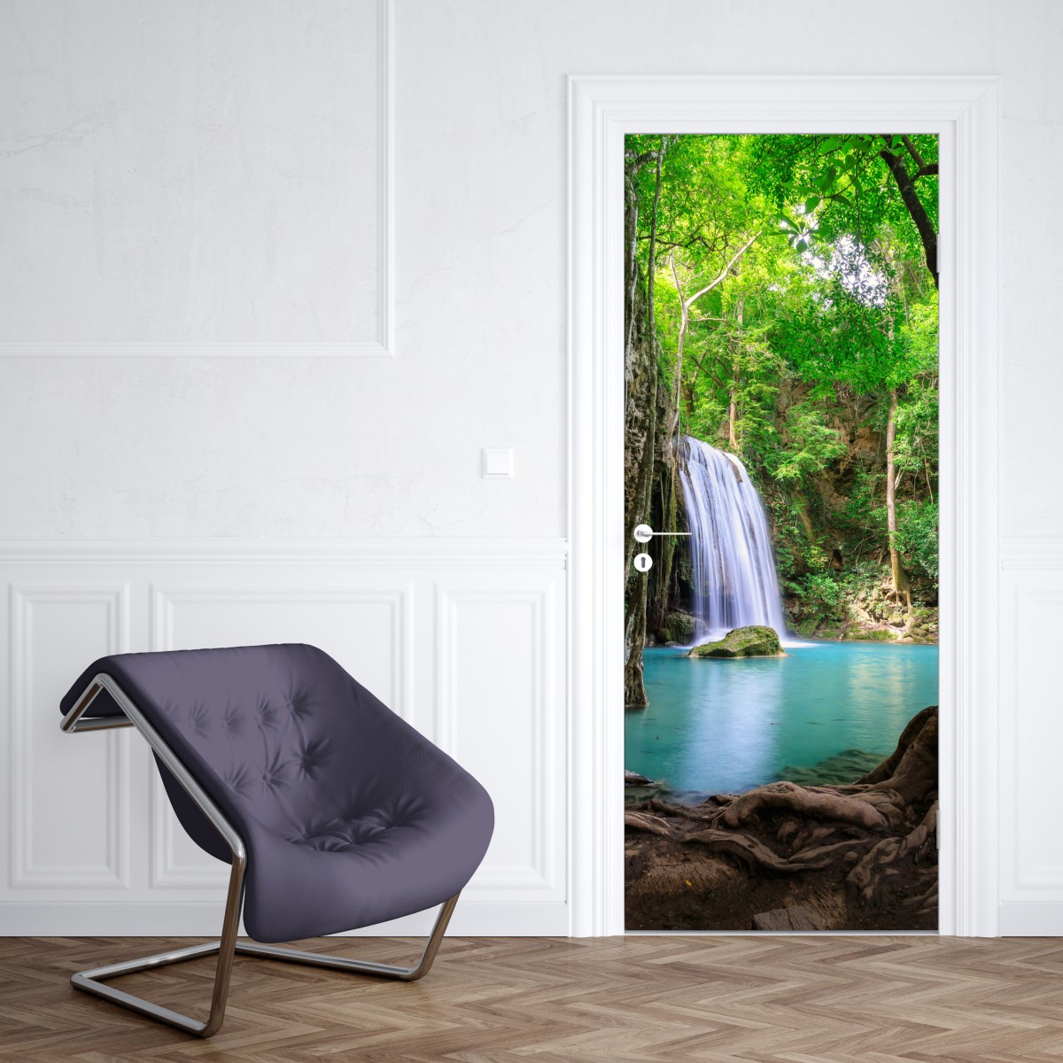 Naklejka na drzwi spokojny wodospad w Parku Narodowym Erawan – Wallissimo® Naklejka na drzwi spokojny wodospad w Parku Narodowym Erawan – Wallissimo®