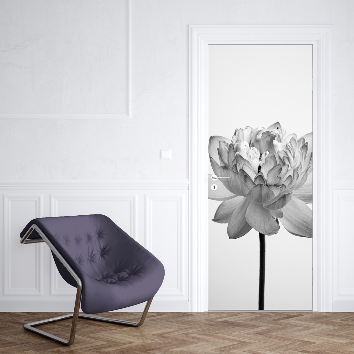 Naklejka na drzwi spokojny lotos w odcieniach szarości – Wallissimo® Naklejka na drzwi spokojny lotos w odcieniach szarości – Wallissimo®