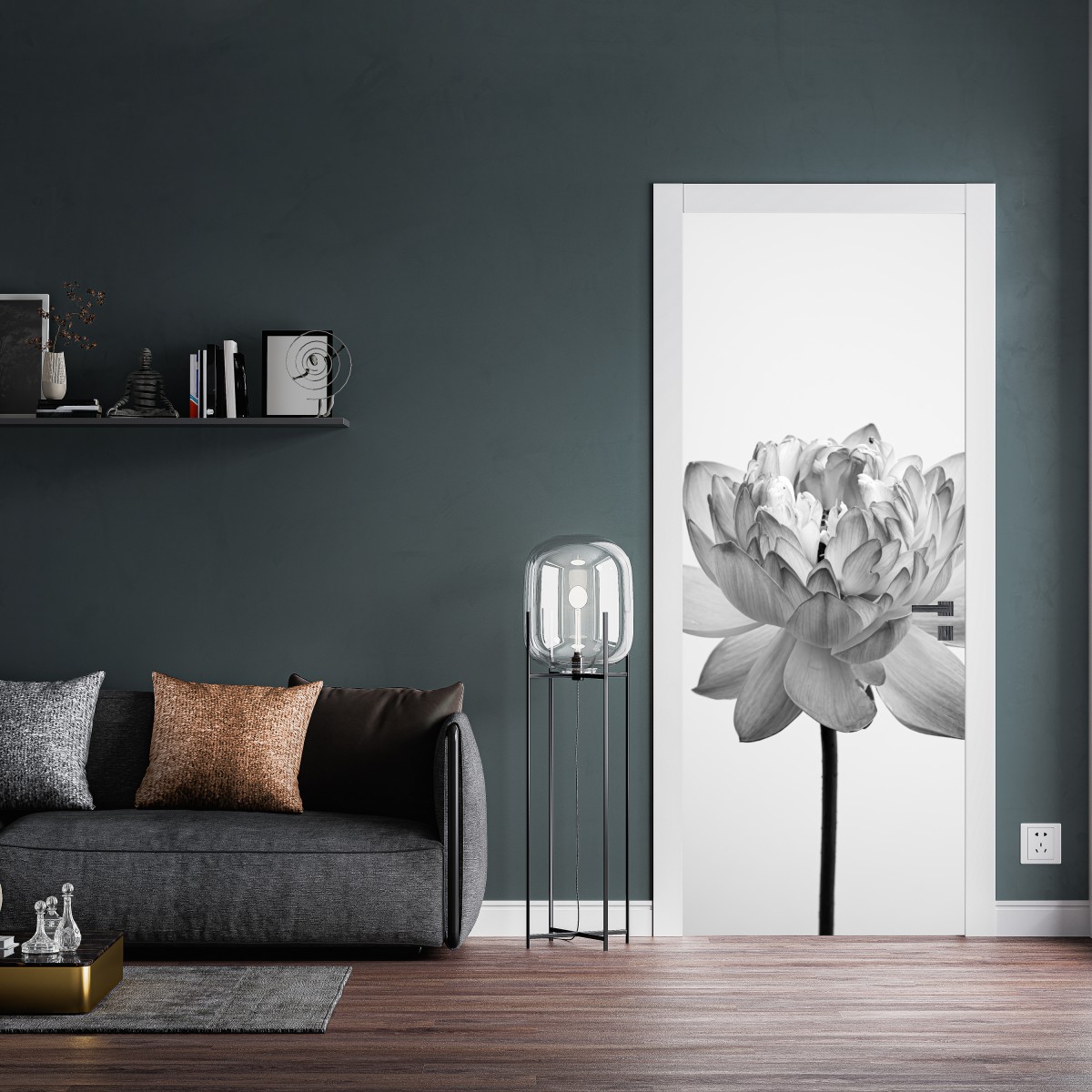 Naklejka na drzwi spokojny lotos w odcieniach szarości – Wallissimo® Naklejka na drzwi spokojny lotos w odcieniach szarości – Wallissimo®